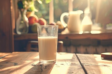 Aufkleber - A refreshing glass of milk sits on a weathered wooden table, illuminated by sunlight streaming through a nearby window. Generative AI