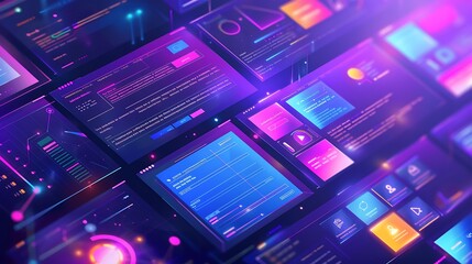 Fototapete - Close-up view of a futuristic digital interface with multiple screens displaying colorful data and graphic elements.