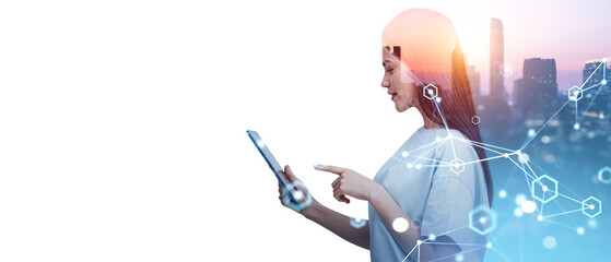Poster - Businesswoman with tablet in hands, digital connection lines. Copy space