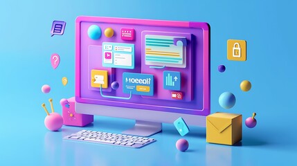 Poster - 3D rendered computer with colorful icons floating around it on blue background for representing modern and innovative digital technology concept.