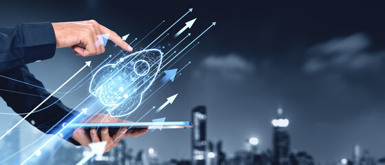 Poster - Businessman touching rocket icon hologram, cityscape background, concept of business growth.  New York city skyline.