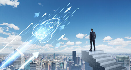 Poster - Businessman looking at a digital rocket symbolizing growth and s