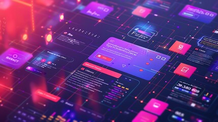 Fototapete - Abstract digital interface design with colorful elements and lines representing interconnectedness of data and systems for technology integration network communication modern innovation concept.