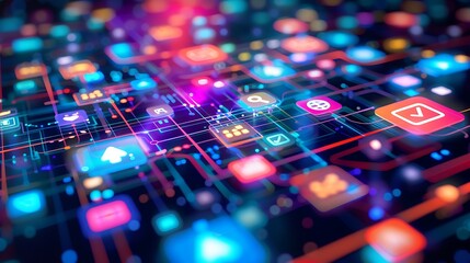 Fototapete - 3D rendering of futuristic digital network with glowing neon icons for connected data apps and social media visualization advanced technology innovation cyber connectivity concept.