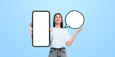 Poster - Woman holding smartphone with blank screen and speech bubble ico