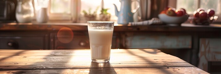 The warm morning sunlight streams through the window, highlighting a glass of milk on a rustic wooden table in a cozy kitchen. Generative AI