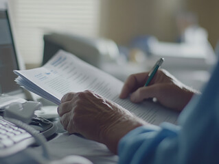 Poster - A person reviewing documents while writing notes at a desk.