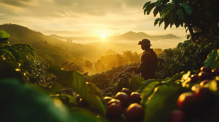 A coffee farmer enjoys the sunrise over lush plantations in a tranquil valley at dawn