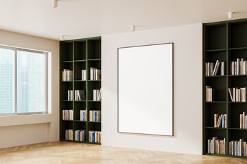 Wall Mural - Modern office interior with blank framed poster on wall and bookshelves. 3D Rendering