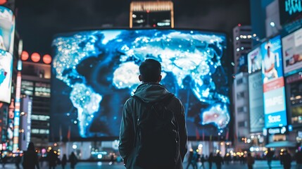 Poster - Man stands in front of a large screen displaying a world map in a bustling urban setting.