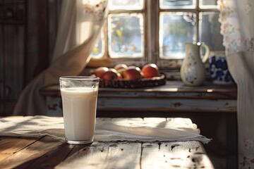 Aufkleber - A glass filled with milk rests on a wooden table, next to a basket of fresh apples in a warmly lit kitchen setting. Generative AI