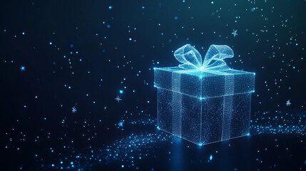 A glowing gift box with a ribbon and stars shines against a dark blue background. This futuristic design captures the spirit of the holidays with its modern, neon look.low poly wireframe.