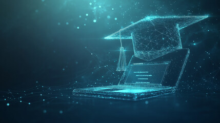 Poster - A glowing graduation cap and laptop against a dark blue background represent the future of online learning. This modern design shows how technology is shaping education.low poly wireframe.