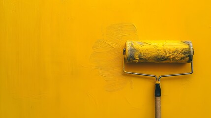 Poster - A paint roller is covered in yellow paint, adding a vibrant touch to a wall during a home renovation task. Generative AI