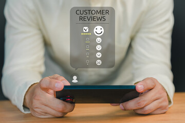 Poster - Customer engage in a satisfaction survey, using an online application to rate their service experiences. This evaluation helps determine the quality of service and business reputation rating.