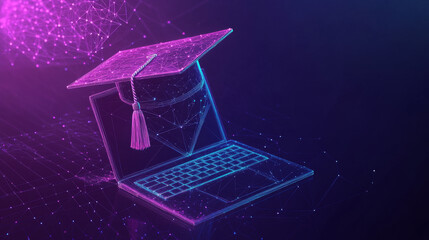 Poster - A glowing graduation cap and laptop against a dark blue background represent the future of online learning. This modern design shows how technology is shaping education.low poly wireframe.