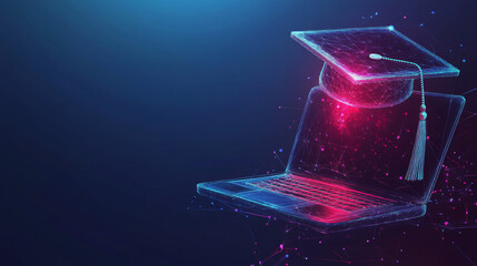 Poster - A glowing graduation cap and laptop against a dark blue background represent the future of online learning. This modern design shows how technology is shaping education.low poly wireframe.
