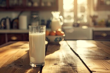 Poster - A tall glass of milk stands on a rustic wooden table, illuminated by soft sunlight streaming through the window in a kitchen. Generative AI