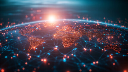 Poster - A futuristic vision of the world connected, showing a glowing Earth map with lines representing digital connections.low poly wireframe.