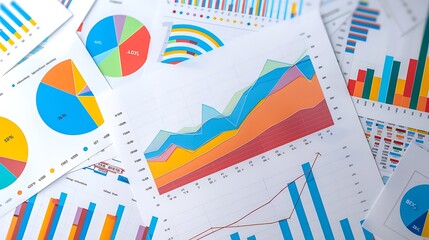 Poster - Collection of colorful charts and graphs with financial data and trends for illustrating business analysis market insights economic performance and strategic planning concept.