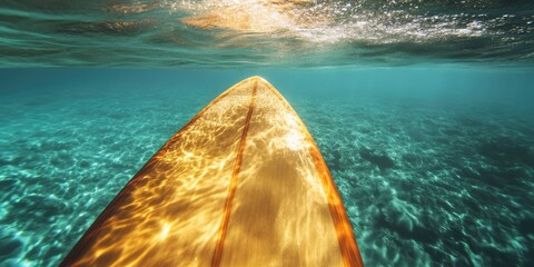 Wall Mural - textured surfboard against clear blue ocean and sunlight