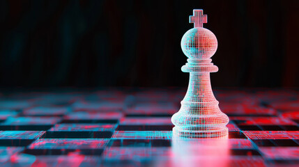Poster - A chess pawn with a glitch effect. The pawn is white and has a 3D look, like an old red-blue image. This image shows the idea of strategy in a game.low poly wireframe.