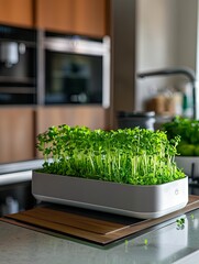 Poster - Freshly grown microgreens thrive in a stylish kitchen setting, showcasing vibrant green sprouts under abundant daylight. Generative AI
