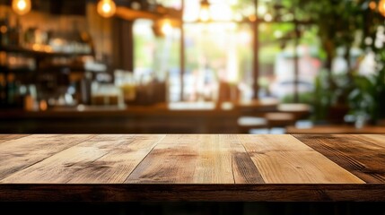 A rustic wooden table in a cozy cafe setting with blurred background and warm lighting, evoking a relaxed atmosphere.