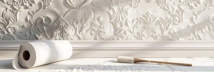 Poster - A detailed floral embossed wall showcases tools and wallpaper that enhance a home renovation project in bright natural light. Generative AI