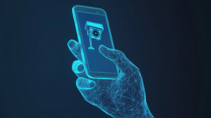Poster - a simple, blue 3d hand holds a phone with a security camera on the screen. it represents the idea of