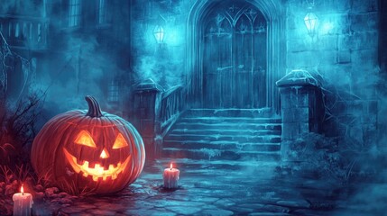 Wall Mural - Halloween themed illustration with orange pumpkin at castle door skull and candles in fog light effects