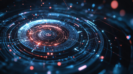 Poster - A futuristic, geometric chatbot symbol. It looks like a spinning fan or turbine, with glowing dots representing artificial intelligence.low poly wireframe.