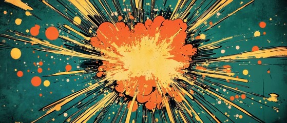 Poster - Colorful explosion graphic with vibrant orange and yellow bursts against a teal background.