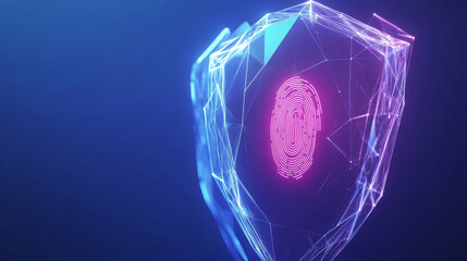 Poster - A futuristic shield made of triangles with a fingerprint inside.It represents the idea of protection and security,like insurance.Image is bright and colorful, with a blue background.low poly wireframe