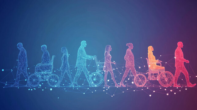 This banner promotes opportunities for disabled people to work.It features a modern,geometric design with connected dots,highlighting the connection between talent and opportunity.low poly wireframe.