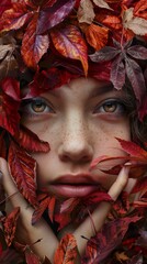 Poster - Autumn Portrait: Woman with Red Leaves