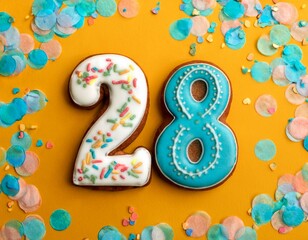 Decorated cookie, number 28, image for birthday or anniversary celebration