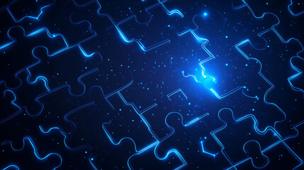 Wall Mural - A dark blue background with glowing, geometric puzzle pieces.  Neon lines and stars create a network pattern.  There's plenty of room for text.low poly wireframe.