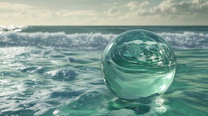 Transparent water droplet globe on ocean waves, blending green energy concepts.