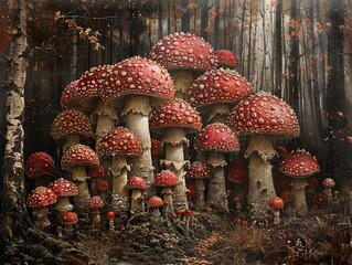 Canvas Print - Enchanted Forest: A Cluster of Red Mushrooms