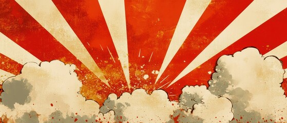Poster - Retro sunburst design with clouds in vibrant red and cream color scheme.
