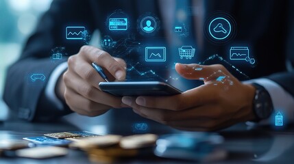 Poster - Businessman Using Smartphone with Digital Icons