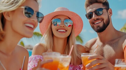 Poster - Friends Enjoying Refreshing Drinks at a Tropical Beach on a Sunny Day, AI