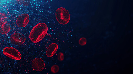 Poster - Red blood cells, shown as glowing, geometric shapes, stand out against a dark blue background. This image represents blood testing and the study of the immune system. low poly wireframe.