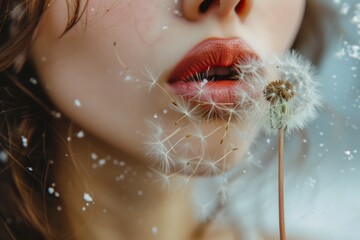 Wall Mural - Floating Dreams: A Woman's Breath Sets Dandelions Free