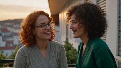 two women with curly hair smiling and talking on a balcony at sunset in casual attire