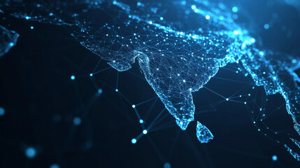 Poster - A futuristic, glowing map of India made up of stars, lines, dots, and triangles. This design symbolizes communication and internet technologies.low poly wireframe.