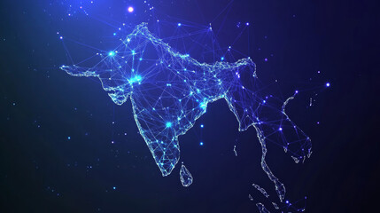 Poster - A futuristic, glowing map of India made up of stars, lines, dots, and triangles. This design symbolizes communication and internet technologies.low poly wireframe.