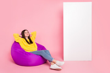 Canvas Print - Full size profile side photo of young lady dream hands behind head dream sleepy sit purple chair isolated over pink color background