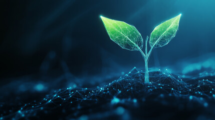 Poster - Glowing plant sprout with three leaves emerges from the soil, representing the future of agriculture.Modern design uses a wireframe style and is set against a dark blue background.low poly wireframe.